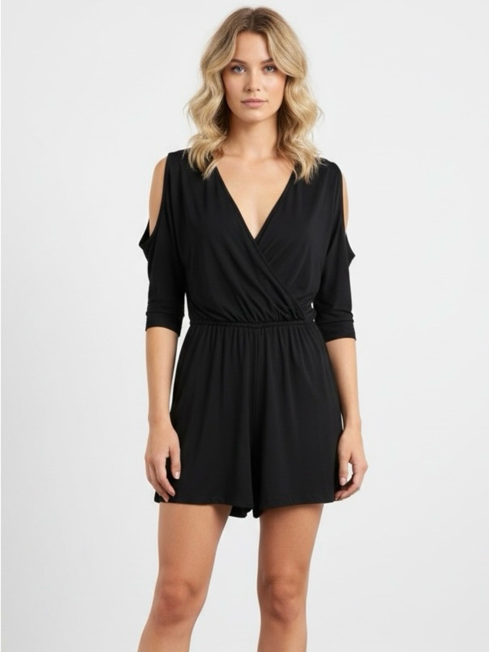 Calvin Klein Elbow Cold-Shoulder Long Sleeve V-Neck Black Romper‎